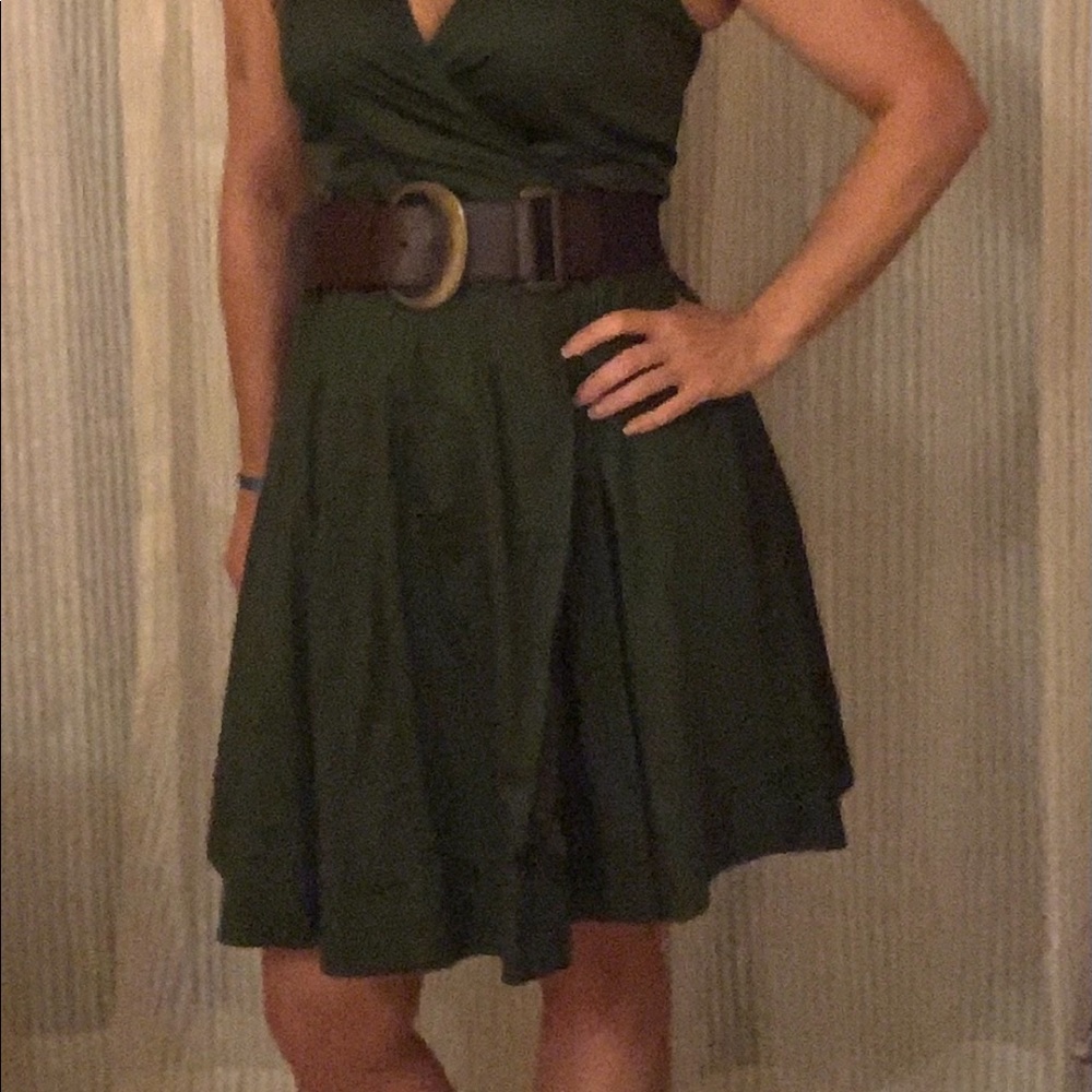 White House Black Market army green wrap dress with brown belt.